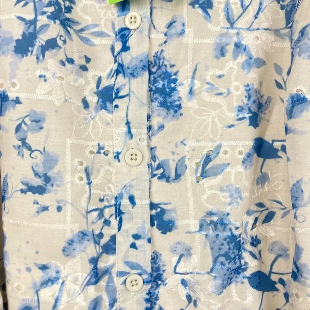 Sam Edelman Floral Embroidered Eyelet Puff Sleeve Mini Shirtdress White Blue, 14